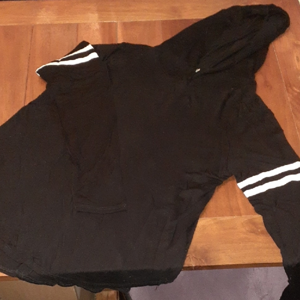 Black Long Sleeve Hooded Tee Shirt with White Stripes, M